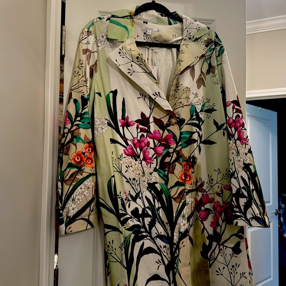 Chico's Floral Print Open Front Blazer Jacket Lightweight Neutral Size 10 NWT